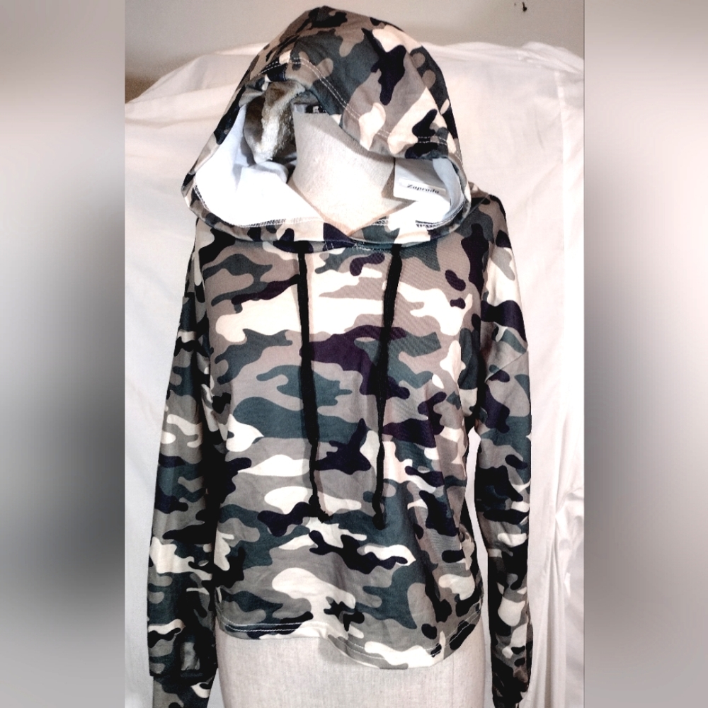 Zaprada TAG Hoodie,Camo, Women, cropped  drawstring, green-brown, long sleeve, S
